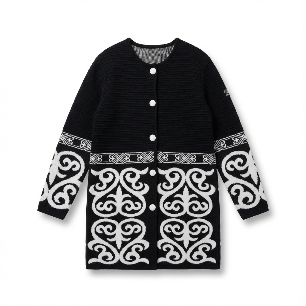 Женский вязаный жакет/кардиган с застёжкой на пуговицах спереди и орнаментом.