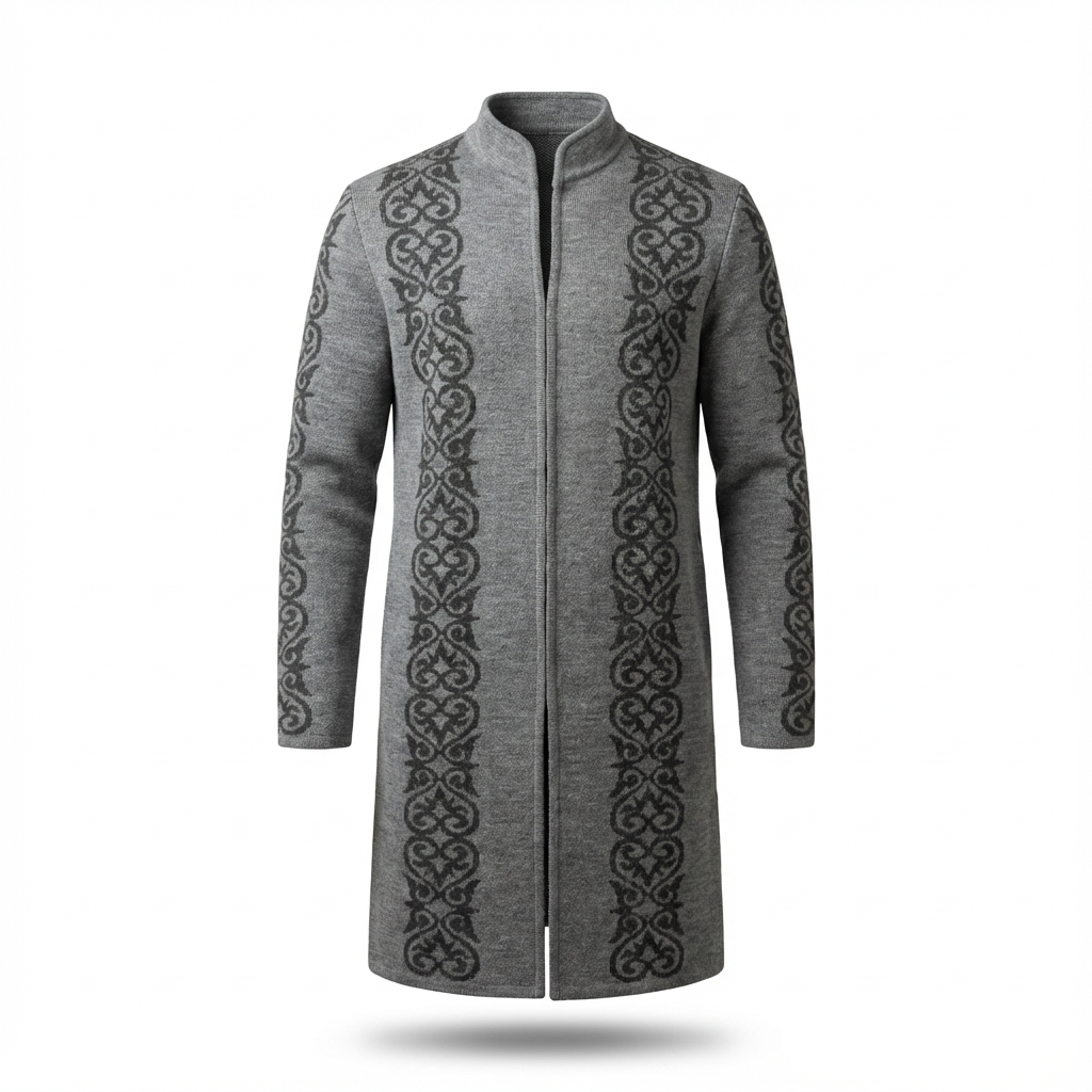 Мужской длинный вязаный кардиган/пальто с стоячим воротником, застежкой на молнии и орнаментом 1