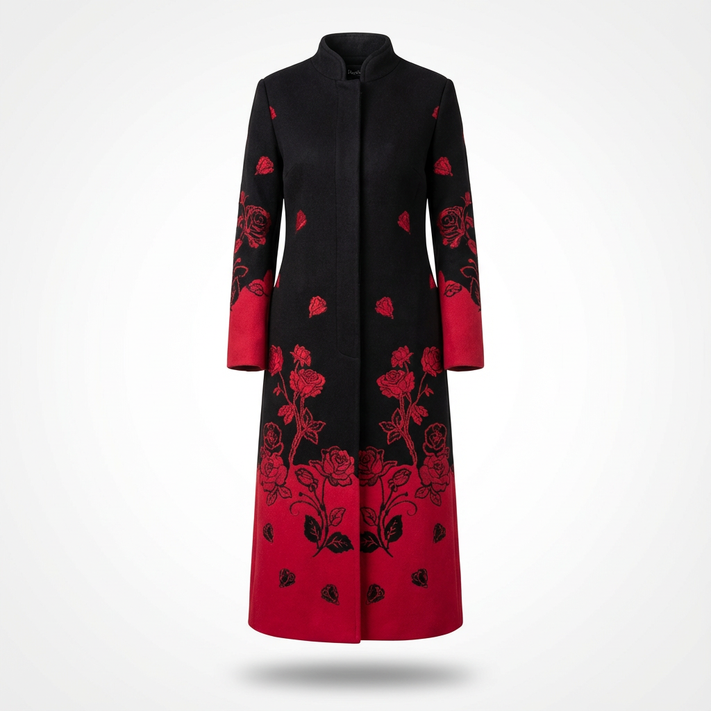 Женское миди пальто с стоячим воротником, контрастным дизайном и цветочным принтом