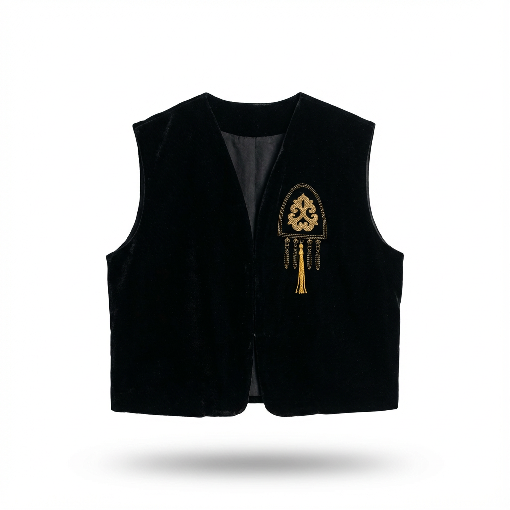 Короткий бархатный жилет – Черный с золотой вышивкой и кисточками