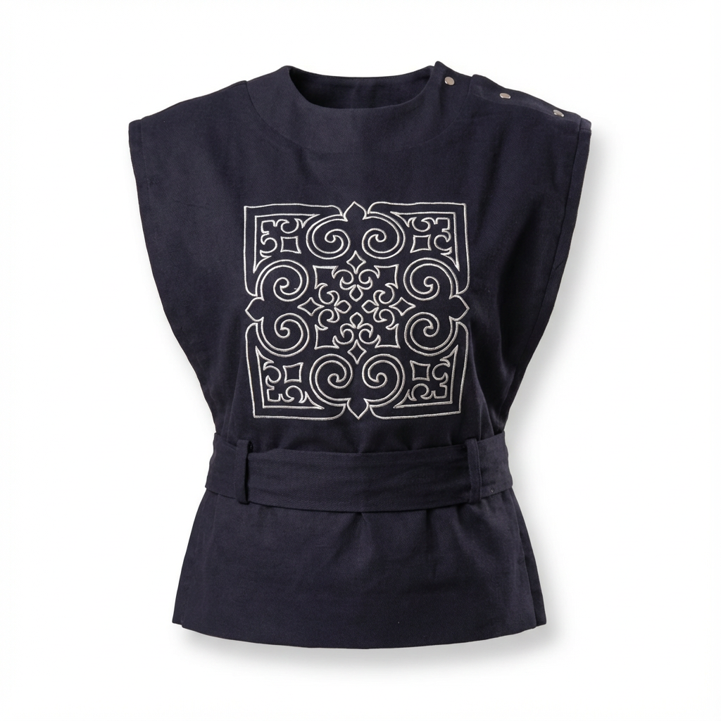 Темно-синий льняной вышитый жилет – укороченный с крупным белым казахским орнаментом