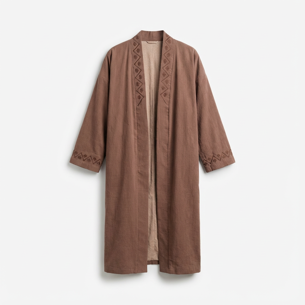 Топленый льняной вышитый чапан – Минималистичный этно-стиль длинный халат с геометрическим орнаментом