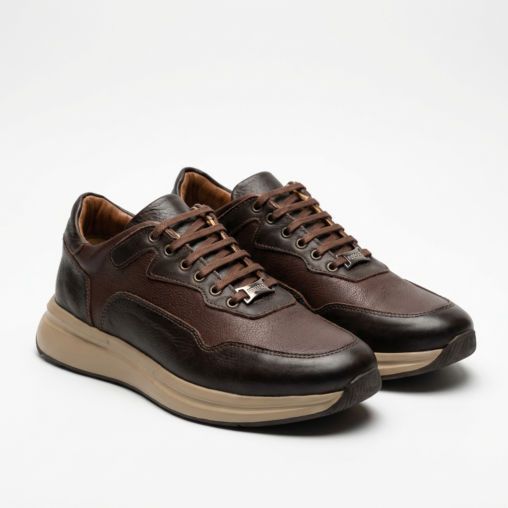 Коричневые кожаные платформенные кроссовки – Мужская модель с низким верхом и металлическим акцентом