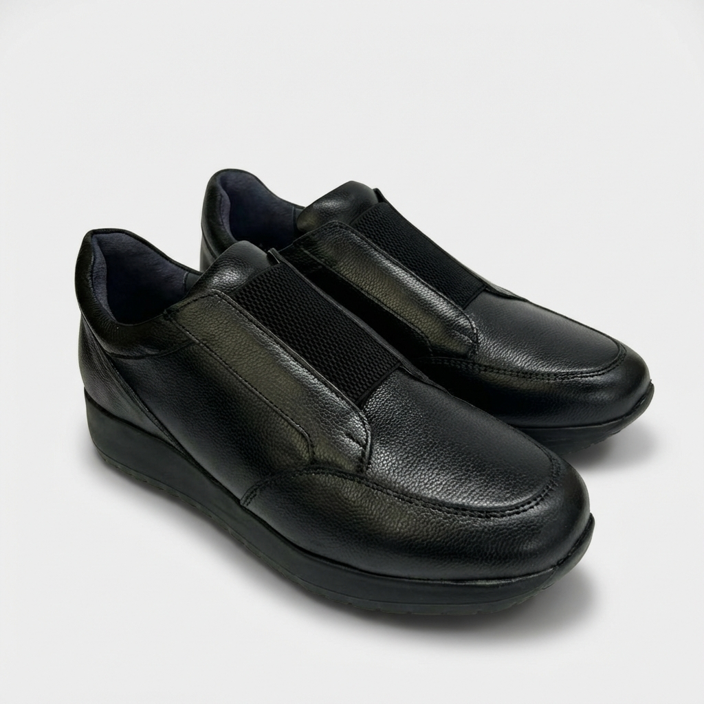 Черные кожаные слипоны на платформе – Мужская модель с эластичными вставками