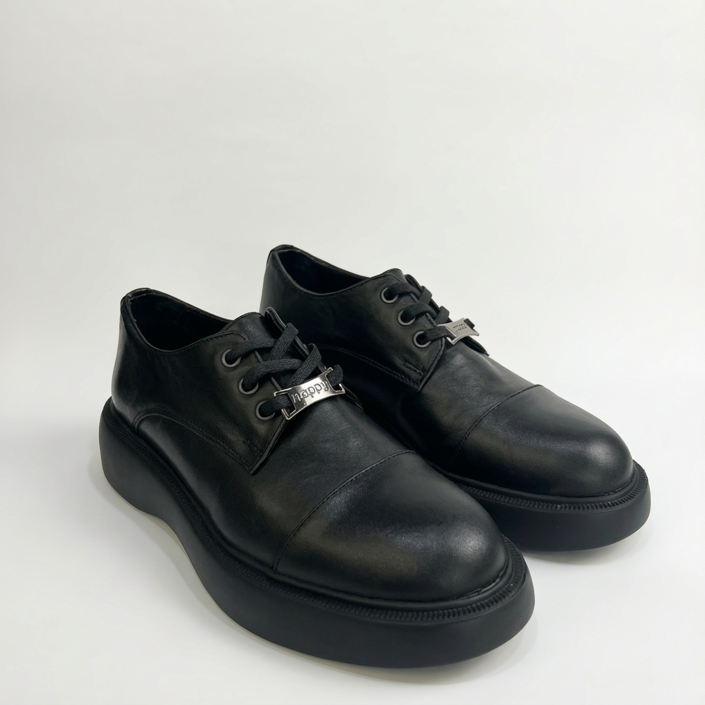 Черные кожаные платформенные оксфорды – Модель в стиле дерби с металлическим логотипом