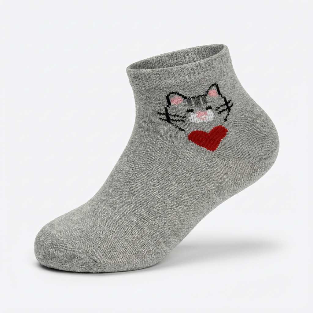 Милые носки-невидимки с кошечкой — серые с вышитой кошкой и сердцем, низкий крой
